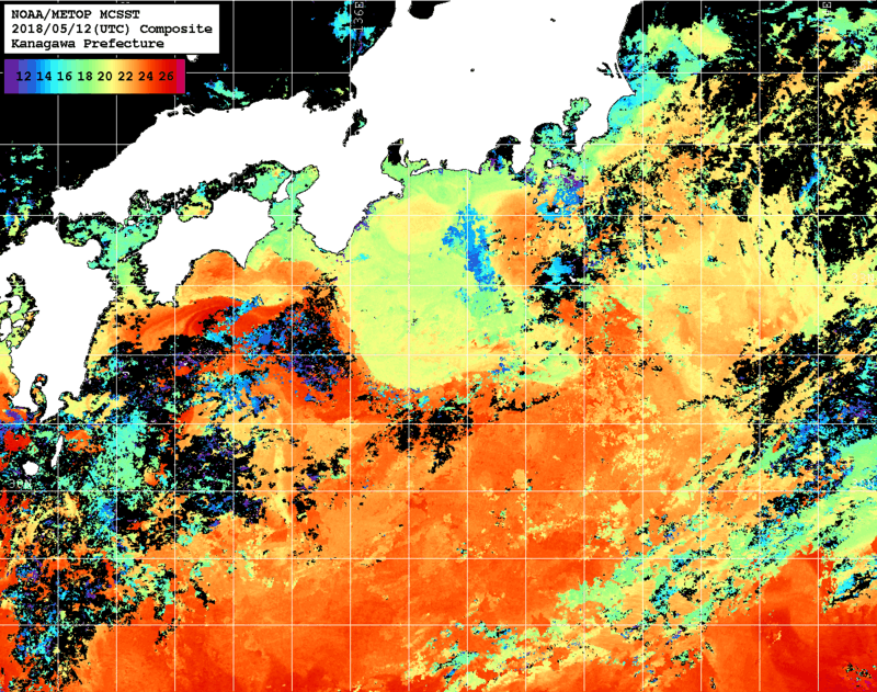 NOAA、MetOp 人工衛星画像 検索結果, 水温分布を図示