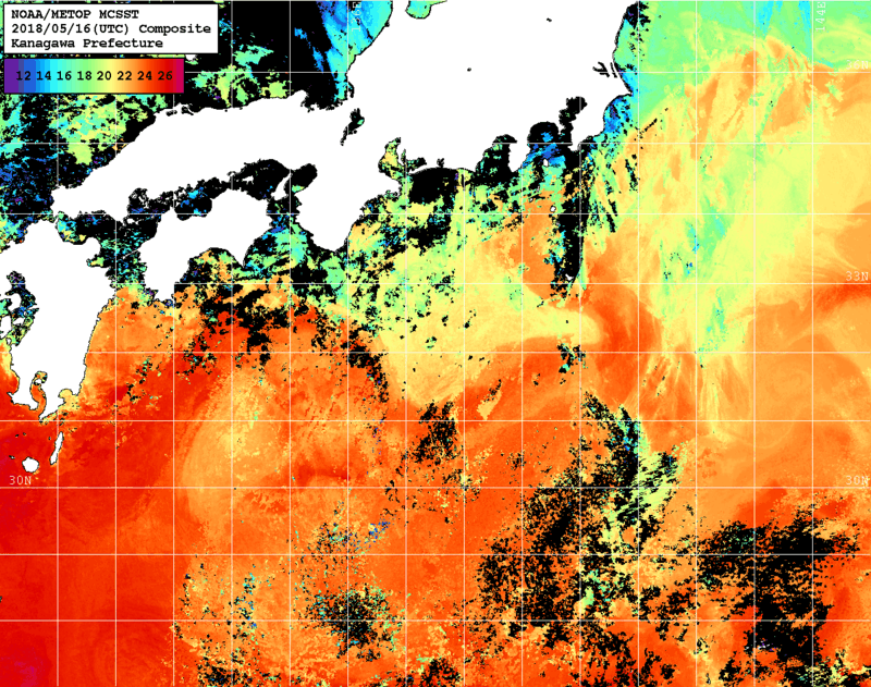 NOAA、MetOp 人工衛星画像 検索結果, 水温分布を図示