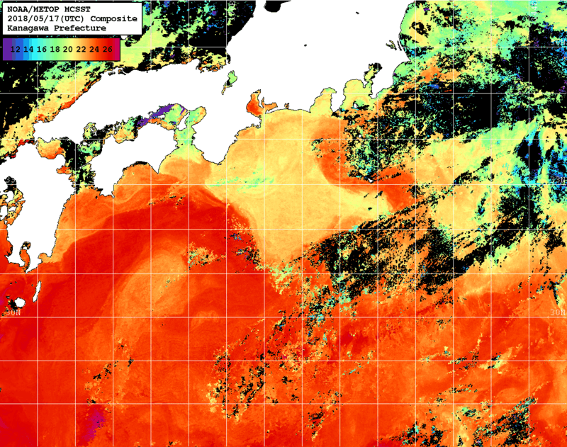 NOAA、MetOp 人工衛星画像 検索結果, 水温分布を図示