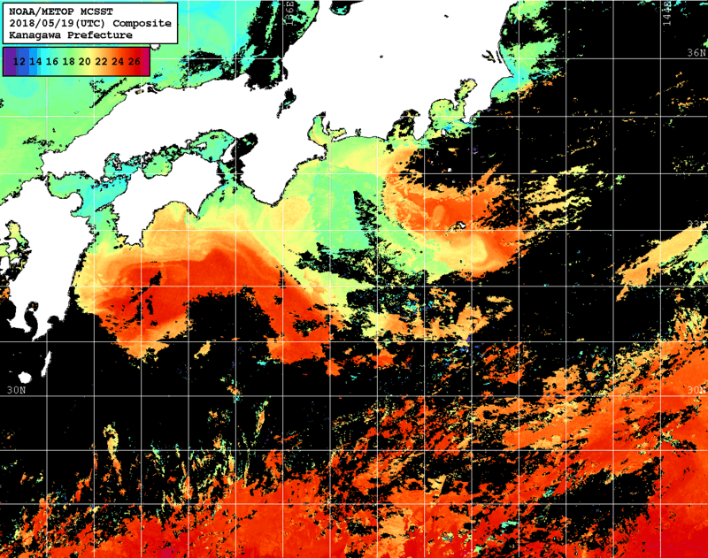 NOAA、MetOp 人工衛星画像 検索結果, 水温分布を図示