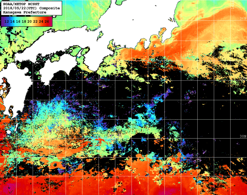 NOAA、MetOp 人工衛星画像 検索結果, 水温分布を図示