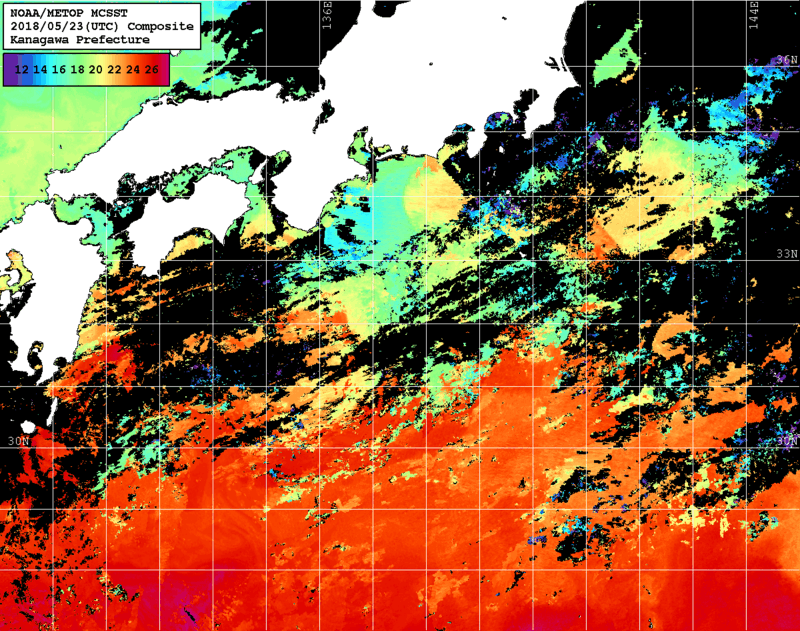 NOAA、MetOp 人工衛星画像 検索結果, 水温分布を図示