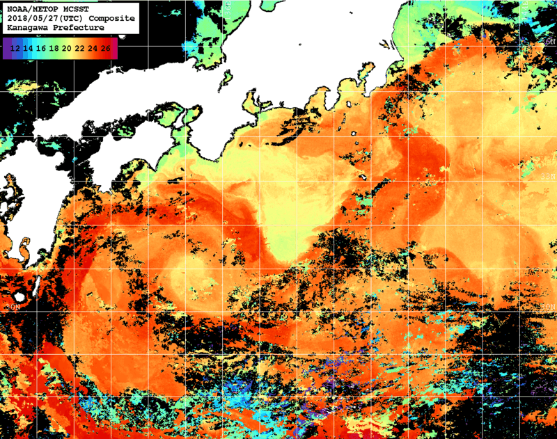 NOAA、MetOp 人工衛星画像 検索結果, 水温分布を図示
