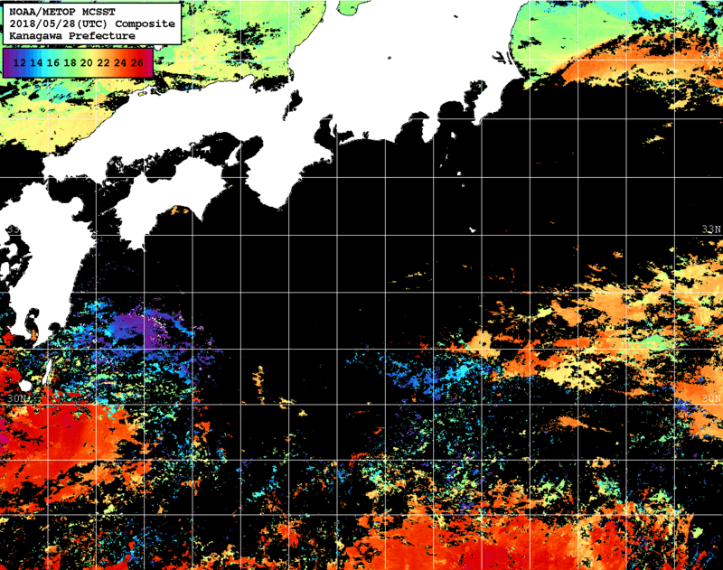 NOAA、MetOp 人工衛星画像 検索結果, 水温分布を図示