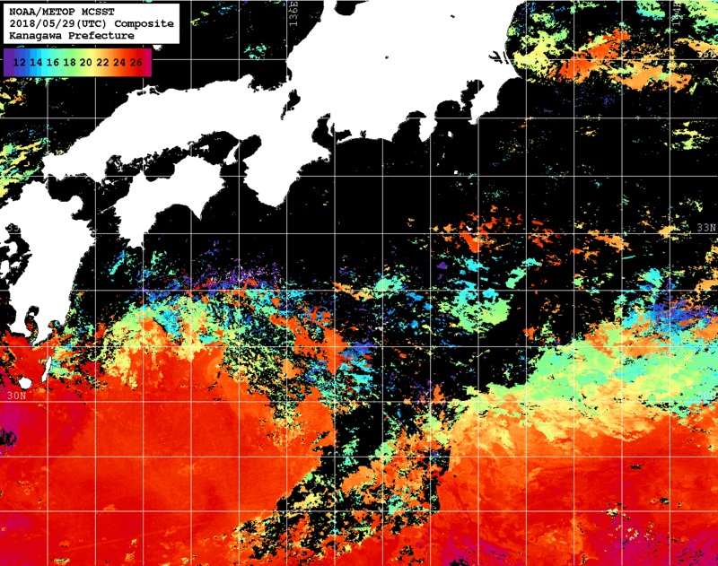 NOAA、MetOp 人工衛星画像 検索結果, 水温分布を図示