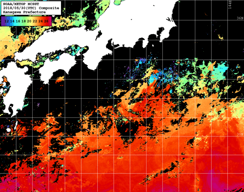 NOAA、MetOp 人工衛星画像 検索結果, 水温分布を図示
