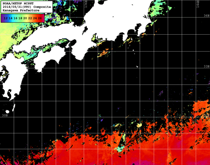 NOAA、MetOp 人工衛星画像 検索結果, 水温分布を図示