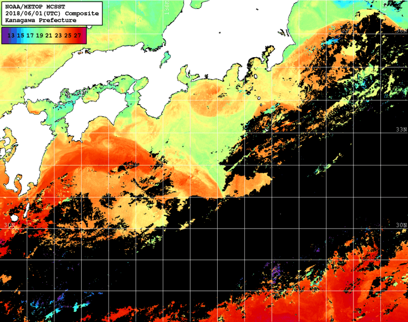 NOAA、MetOp 人工衛星画像 検索結果, 水温分布を図示