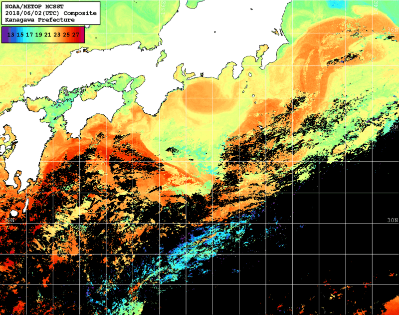 NOAA、MetOp 人工衛星画像 検索結果, 水温分布を図示