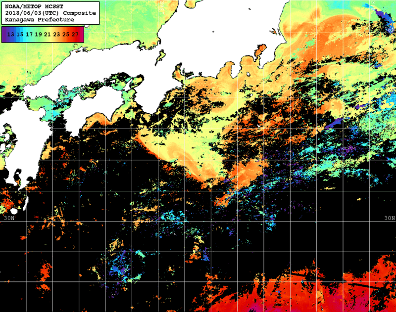 NOAA、MetOp 人工衛星画像 検索結果, 水温分布を図示