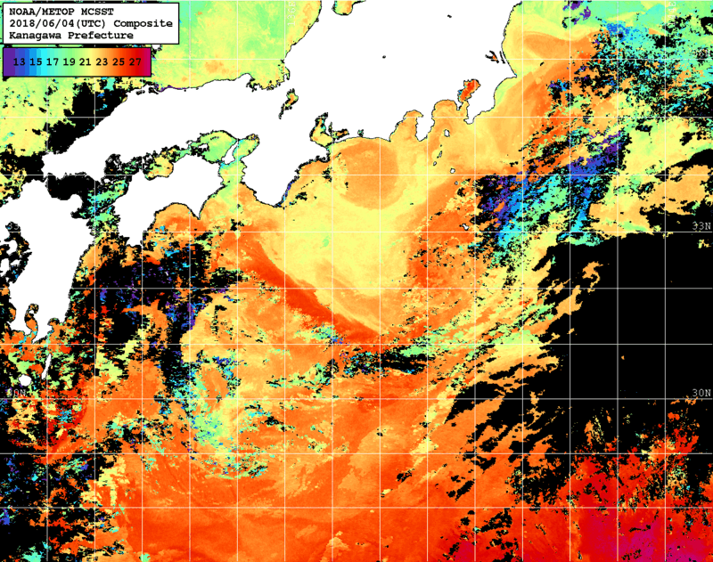 NOAA、MetOp 人工衛星画像 検索結果, 水温分布を図示
