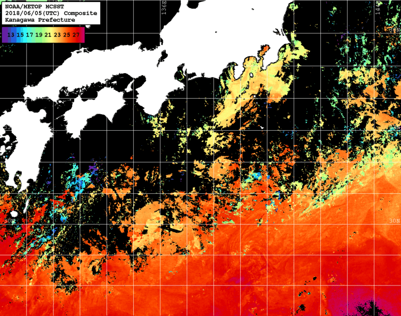 NOAA、MetOp 人工衛星画像 検索結果, 水温分布を図示