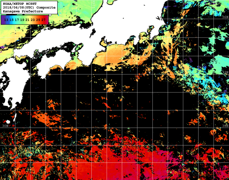 NOAA、MetOp 人工衛星画像 検索結果, 水温分布を図示