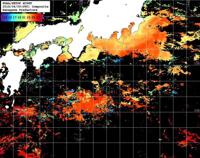 NOAA、MetOp 人工衛星画像 検索結果, 水温分布を図示