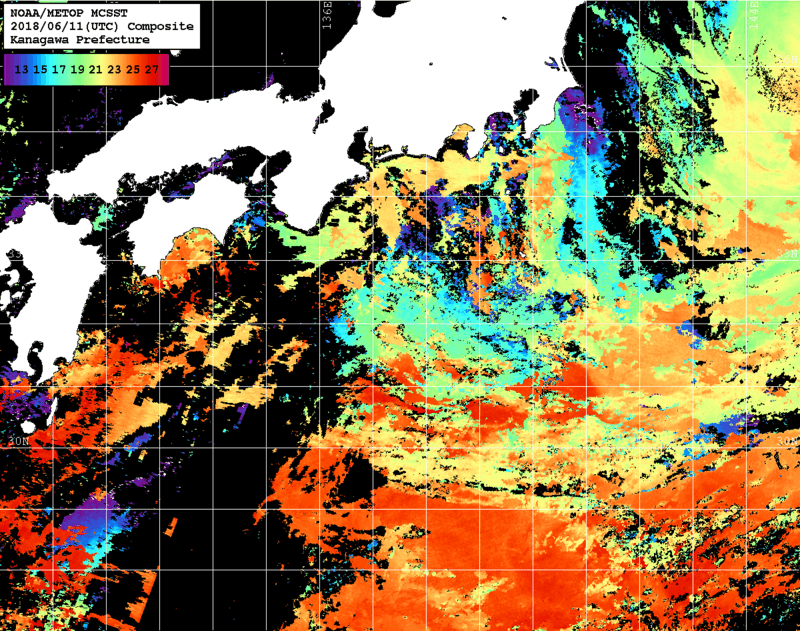 NOAA、MetOp 人工衛星画像 検索結果, 水温分布を図示