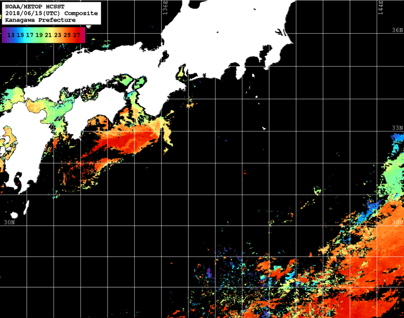 NOAA、MetOp 人工衛星画像 検索結果, 水温分布を図示