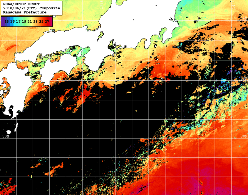 NOAA、MetOp 人工衛星画像 検索結果, 水温分布を図示