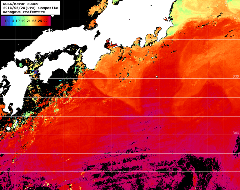 NOAA、MetOp 人工衛星画像 検索結果, 水温分布を図示