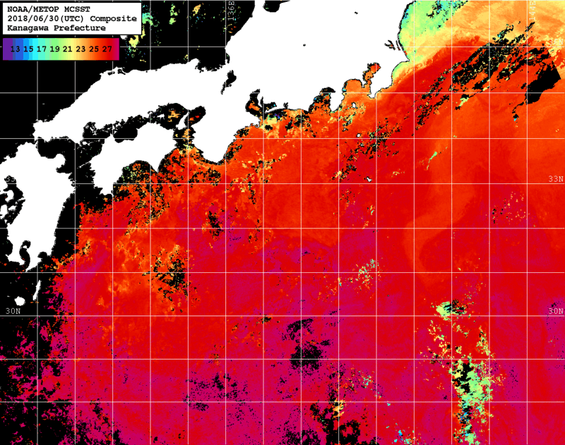 NOAA、MetOp 人工衛星画像 検索結果, 水温分布を図示