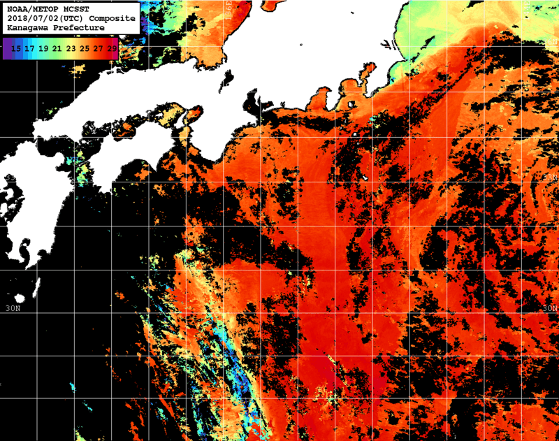 NOAA、MetOp 人工衛星画像 検索結果, 水温分布を図示