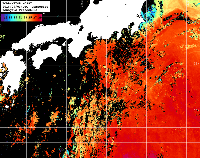 NOAA、MetOp 人工衛星画像 検索結果, 水温分布を図示