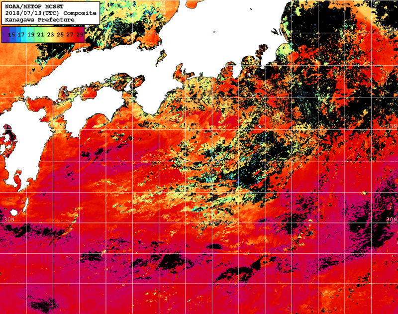NOAA、MetOp 人工衛星画像 検索結果, 水温分布を図示