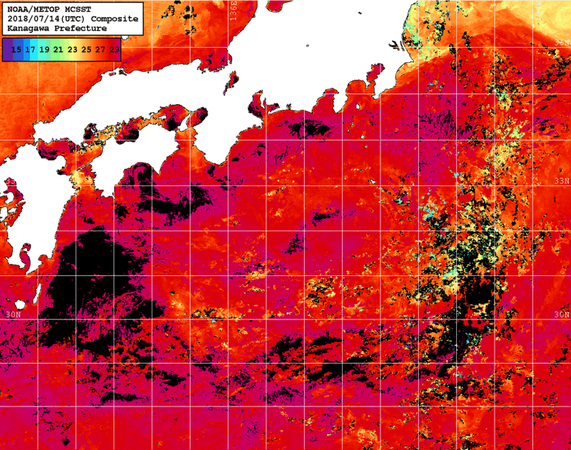 NOAA、MetOp 人工衛星画像 検索結果, 水温分布を図示