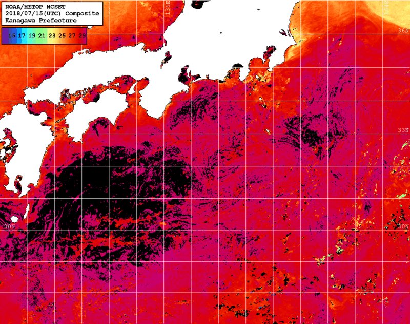 NOAA、MetOp 人工衛星画像 検索結果, 水温分布を図示