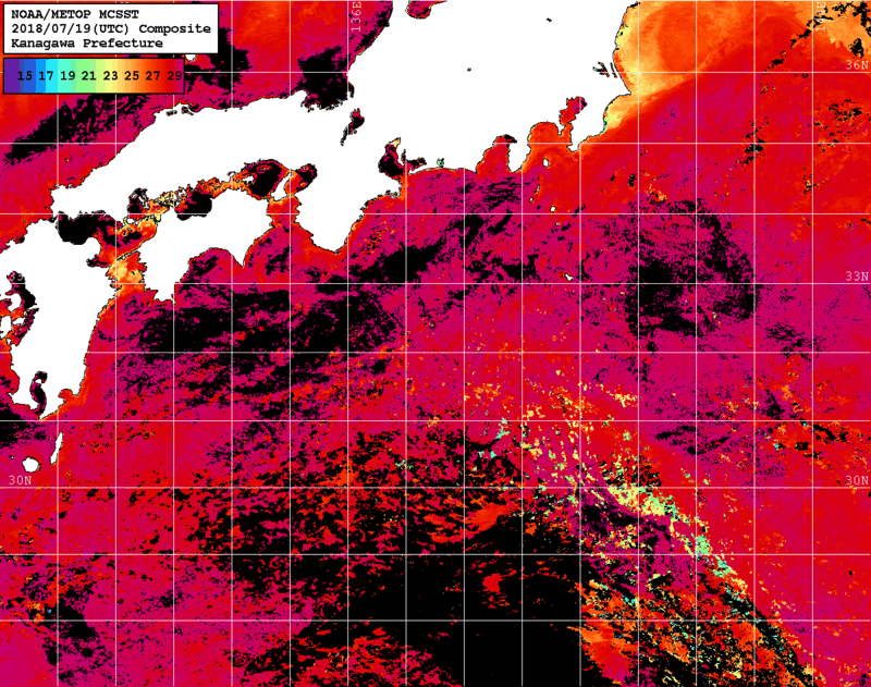 NOAA、MetOp 人工衛星画像 検索結果, 水温分布を図示