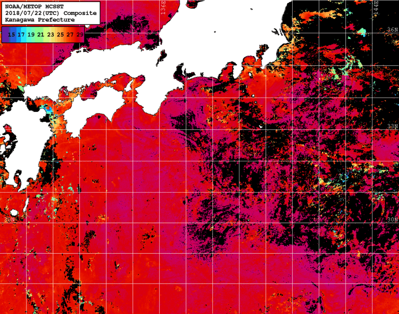NOAA、MetOp 人工衛星画像 検索結果, 水温分布を図示