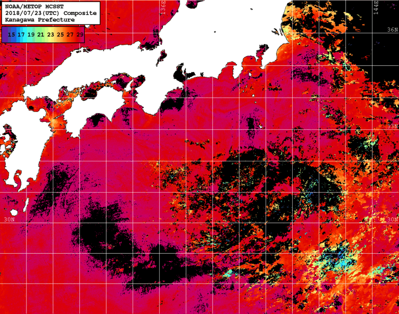 NOAA、MetOp 人工衛星画像 検索結果, 水温分布を図示