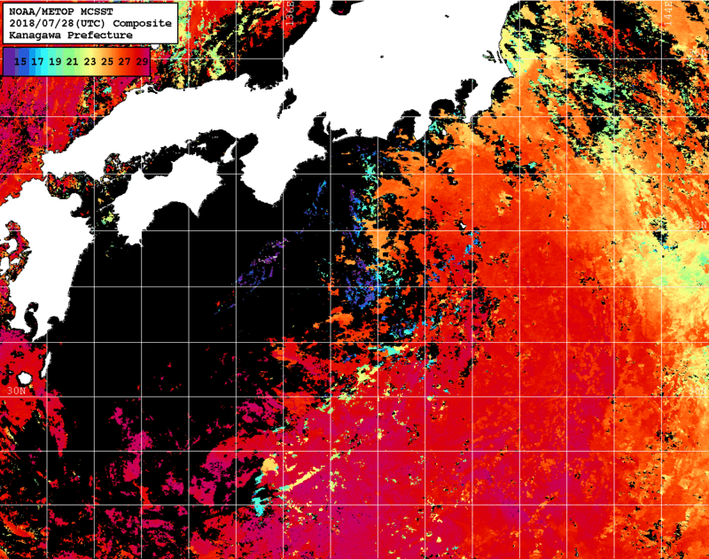 NOAA、MetOp 人工衛星画像 検索結果, 水温分布を図示