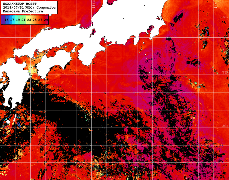 NOAA、MetOp 人工衛星画像 検索結果, 水温分布を図示