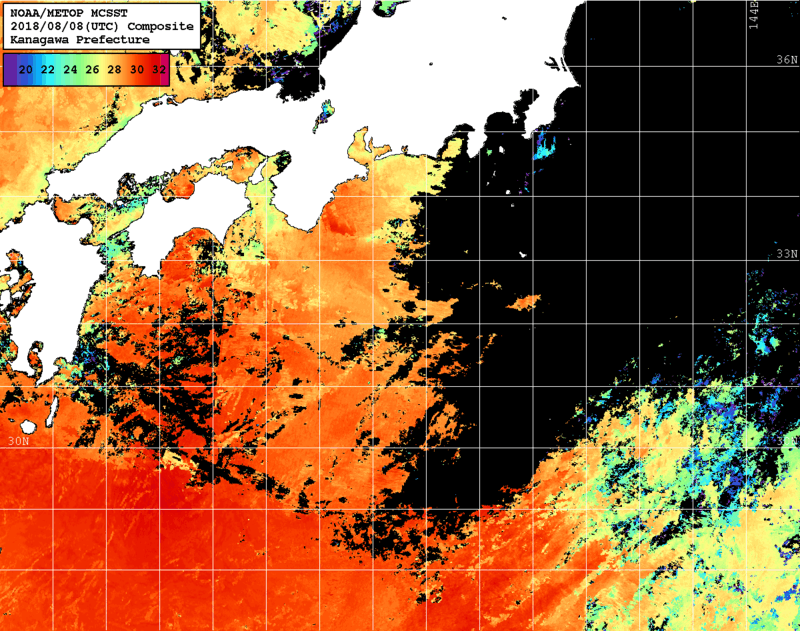 NOAA、MetOp 人工衛星画像 検索結果, 水温分布を図示