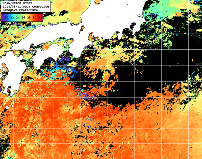 NOAA、MetOp 人工衛星画像 検索結果, 水温分布を図示