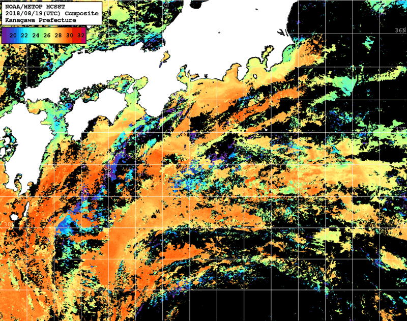 NOAA、MetOp 人工衛星画像 検索結果, 水温分布を図示