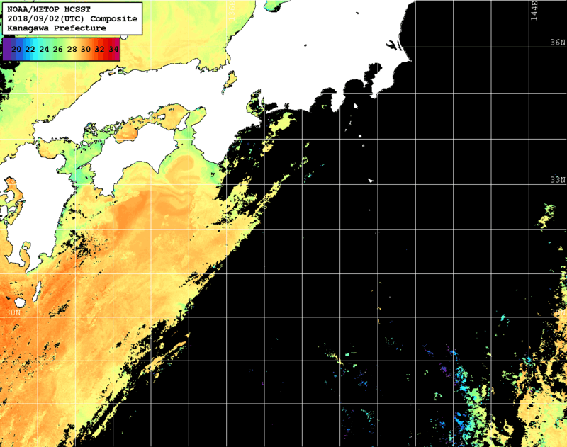 NOAA、MetOp 人工衛星画像 検索結果, 水温分布を図示