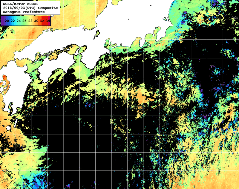 NOAA、MetOp 人工衛星画像 検索結果, 水温分布を図示