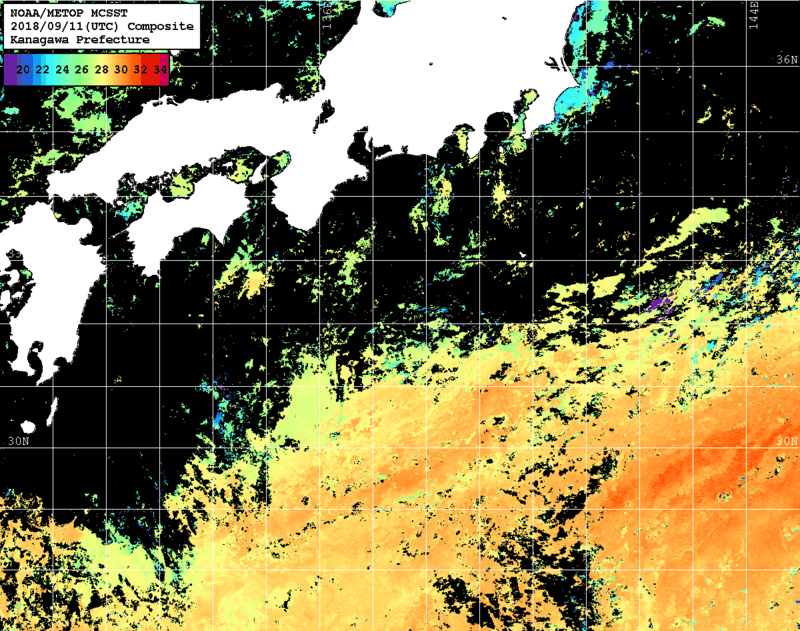 NOAA、MetOp 人工衛星画像 検索結果, 水温分布を図示