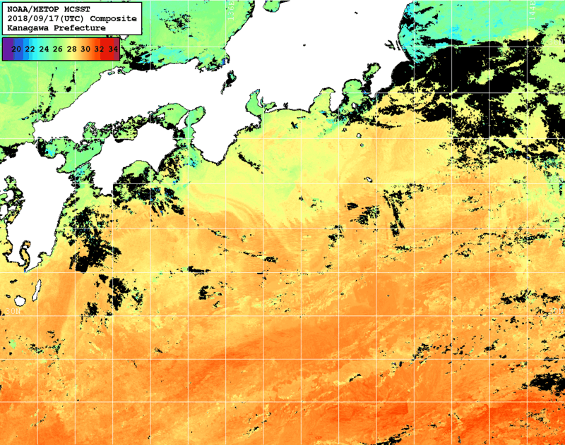 NOAA、MetOp 人工衛星画像 検索結果, 水温分布を図示