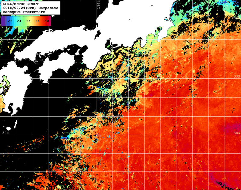 NOAA、MetOp 人工衛星画像 検索結果, 水温分布を図示