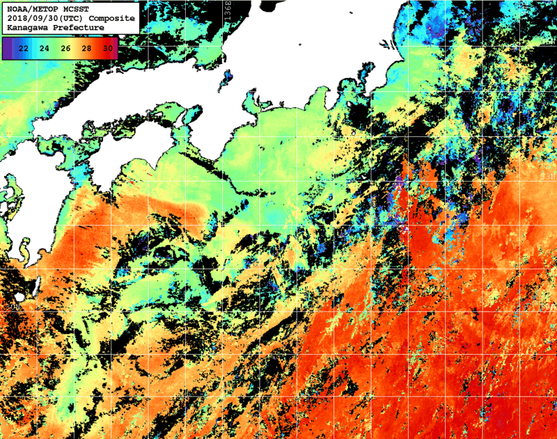 NOAA、MetOp 人工衛星画像 検索結果, 水温分布を図示