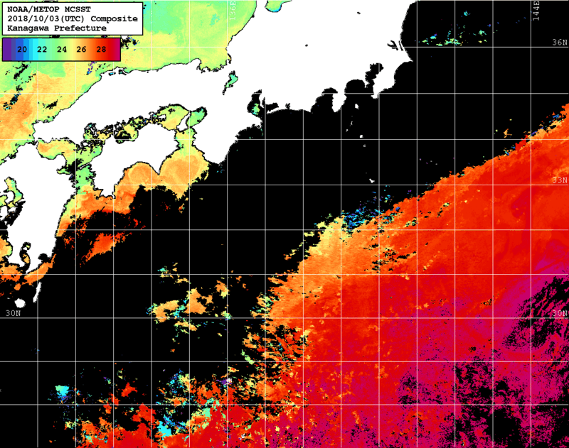 NOAA、MetOp 人工衛星画像 検索結果, 水温分布を図示