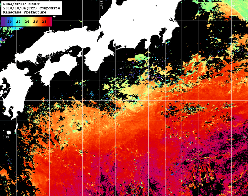 NOAA、MetOp 人工衛星画像 検索結果, 水温分布を図示