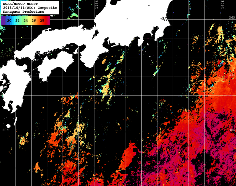 NOAA、MetOp 人工衛星画像 検索結果, 水温分布を図示