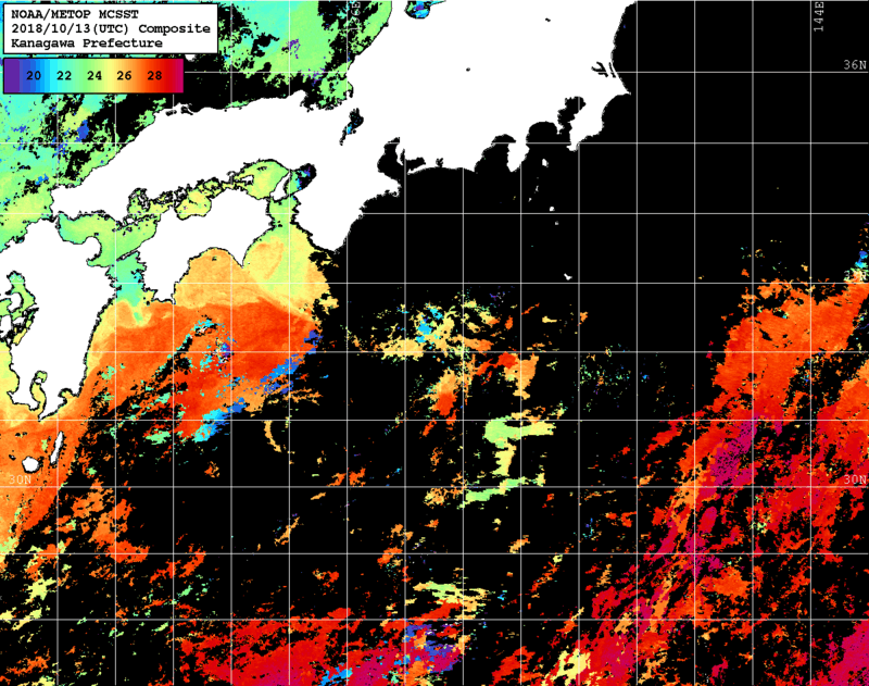 NOAA、MetOp 人工衛星画像 検索結果, 水温分布を図示