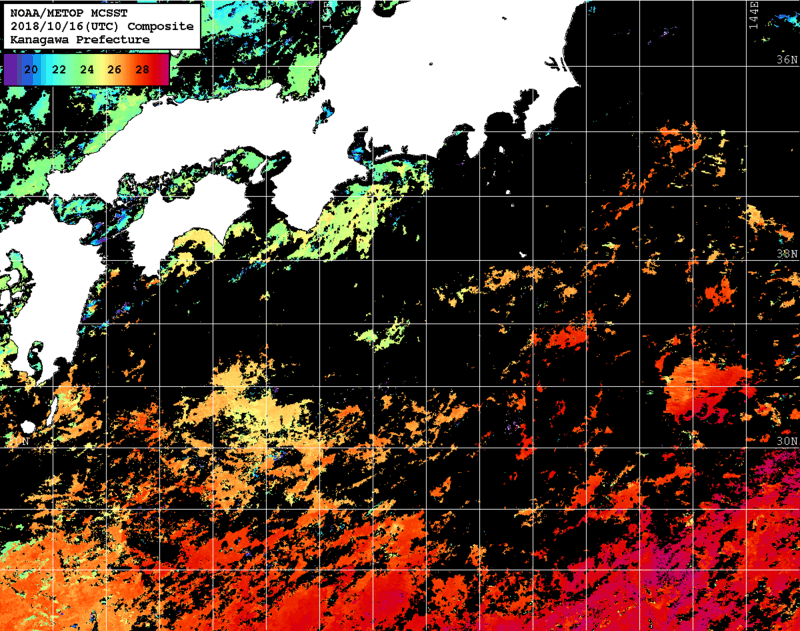 NOAA、MetOp 人工衛星画像 検索結果, 水温分布を図示