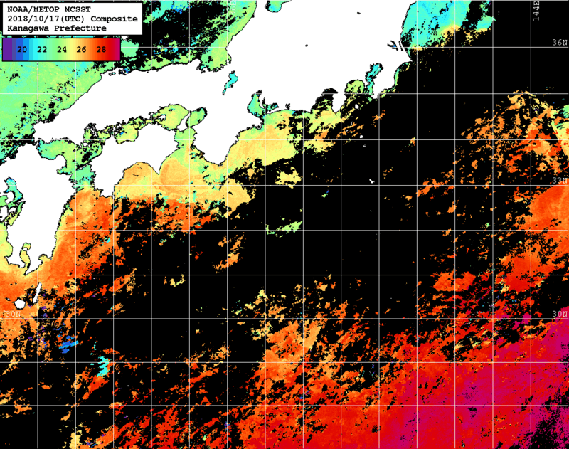 NOAA、MetOp 人工衛星画像 検索結果, 水温分布を図示