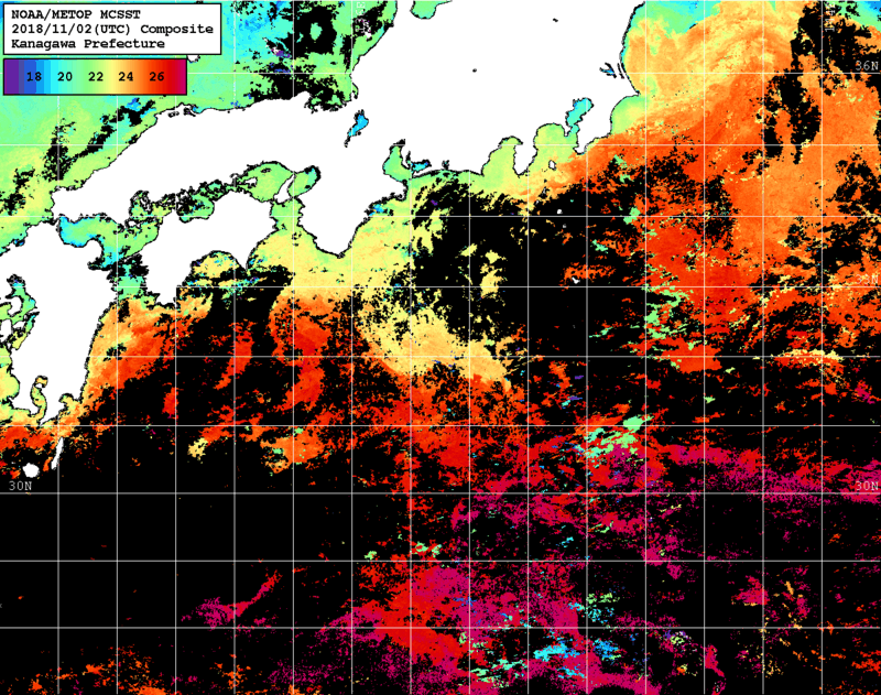 NOAA、MetOp 人工衛星画像 検索結果, 水温分布を図示