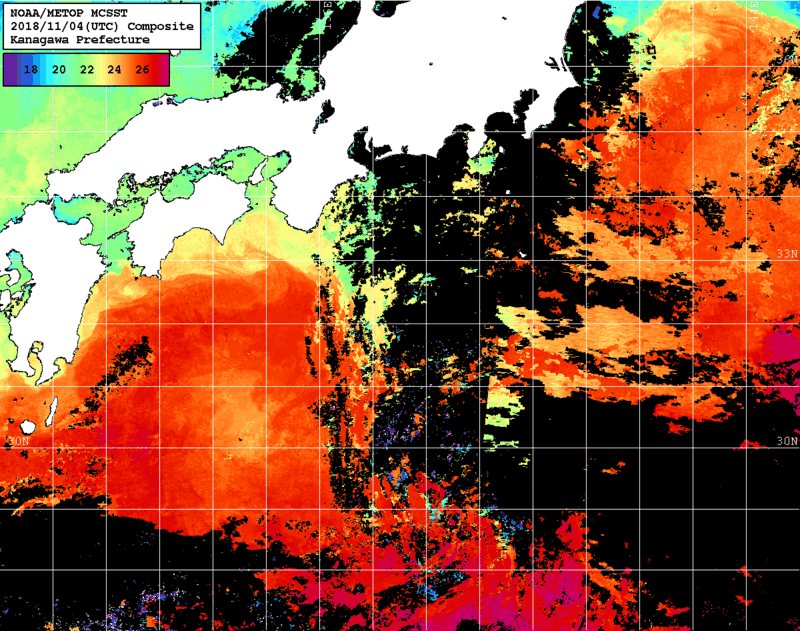 NOAA、MetOp 人工衛星画像 検索結果, 水温分布を図示